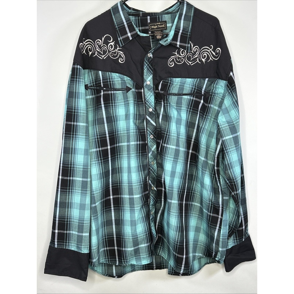 High Noon Western Shirt Pearl Snaps Button Up Black Blue Embroidered Size 3XL